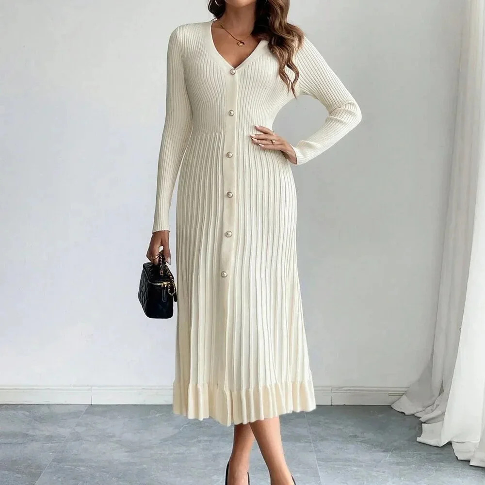 Apricot Elegant Women's V-Neck Long Sleeve Buttoned Pleated A-Line Sweater Dress